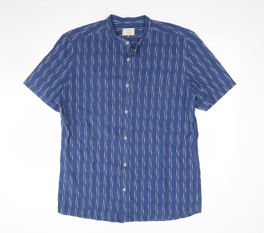 George Mens Blue Striped Cotton Button-Up Size XL Crew Neck Button