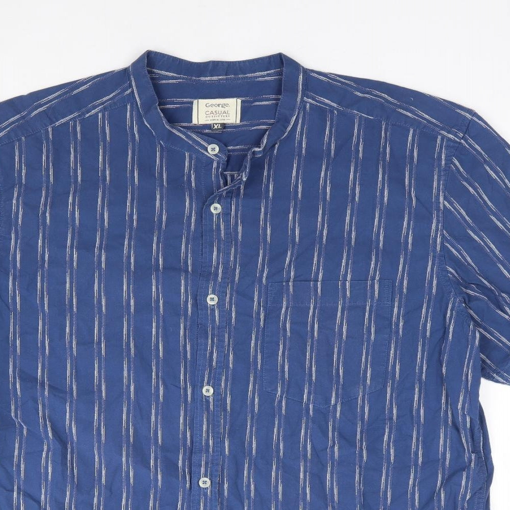 George Mens Blue Striped Cotton Button-Up Size XL Crew Neck Button