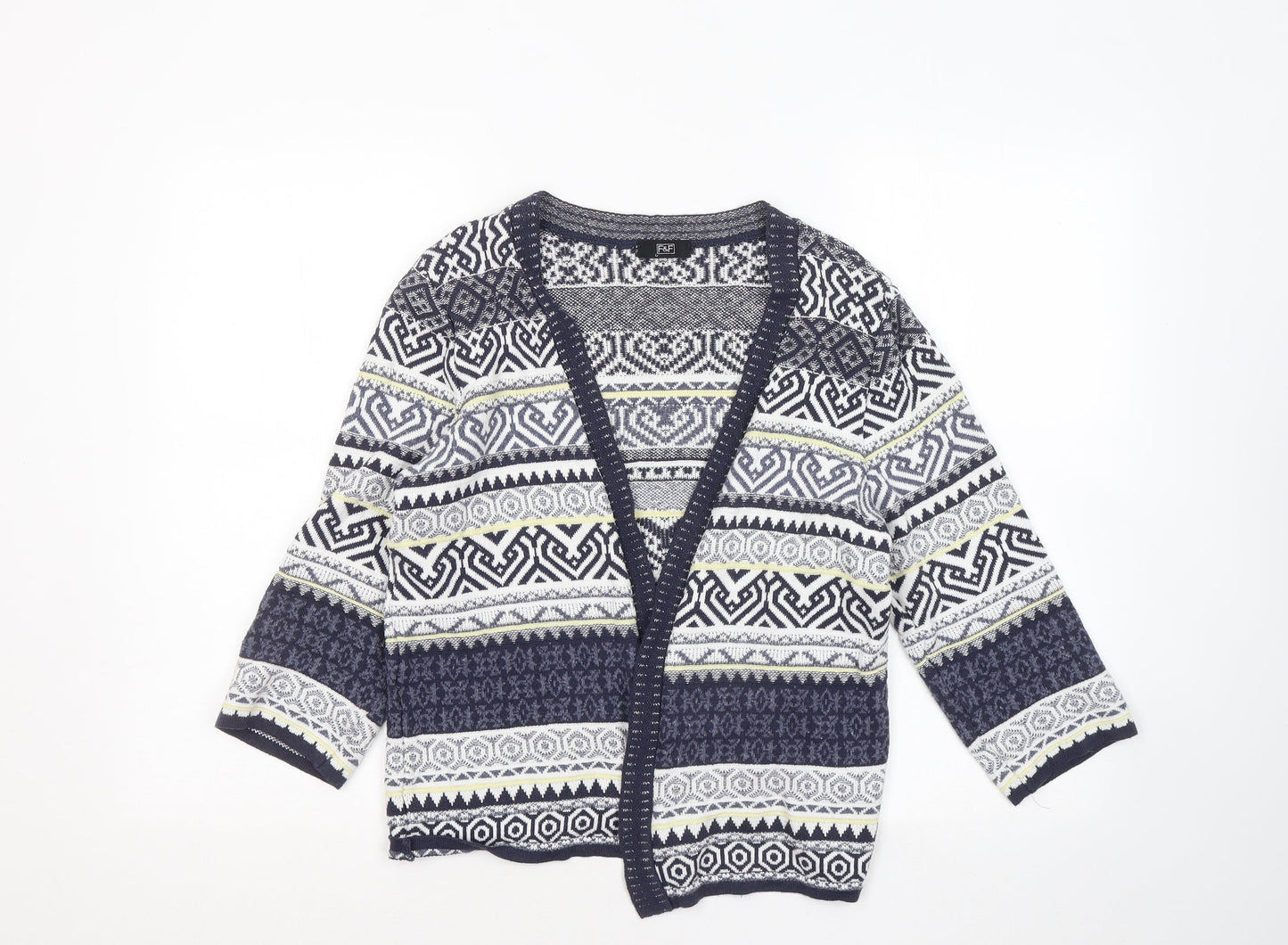 F&F Womens Multicoloured V-Neck Geometric Cotton Cardigan Jumper Size 10