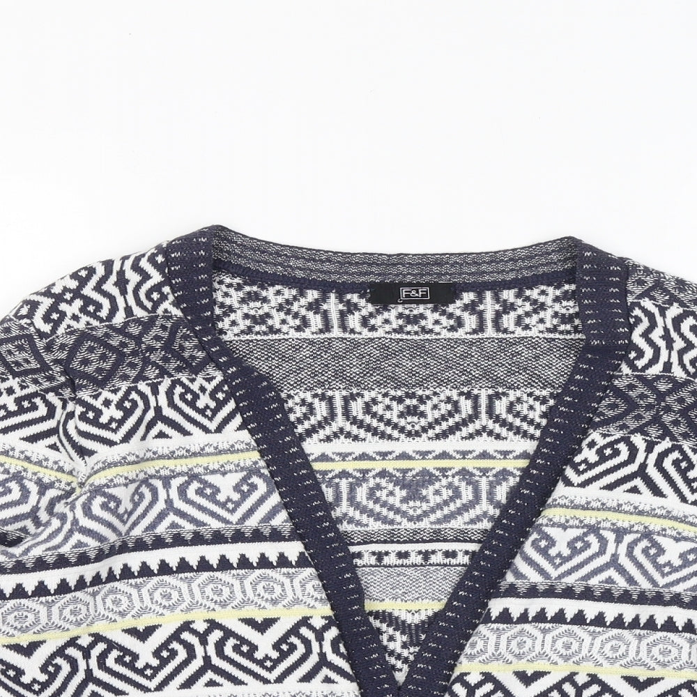 F&F Womens Multicoloured V-Neck Geometric Cotton Cardigan Jumper Size 10