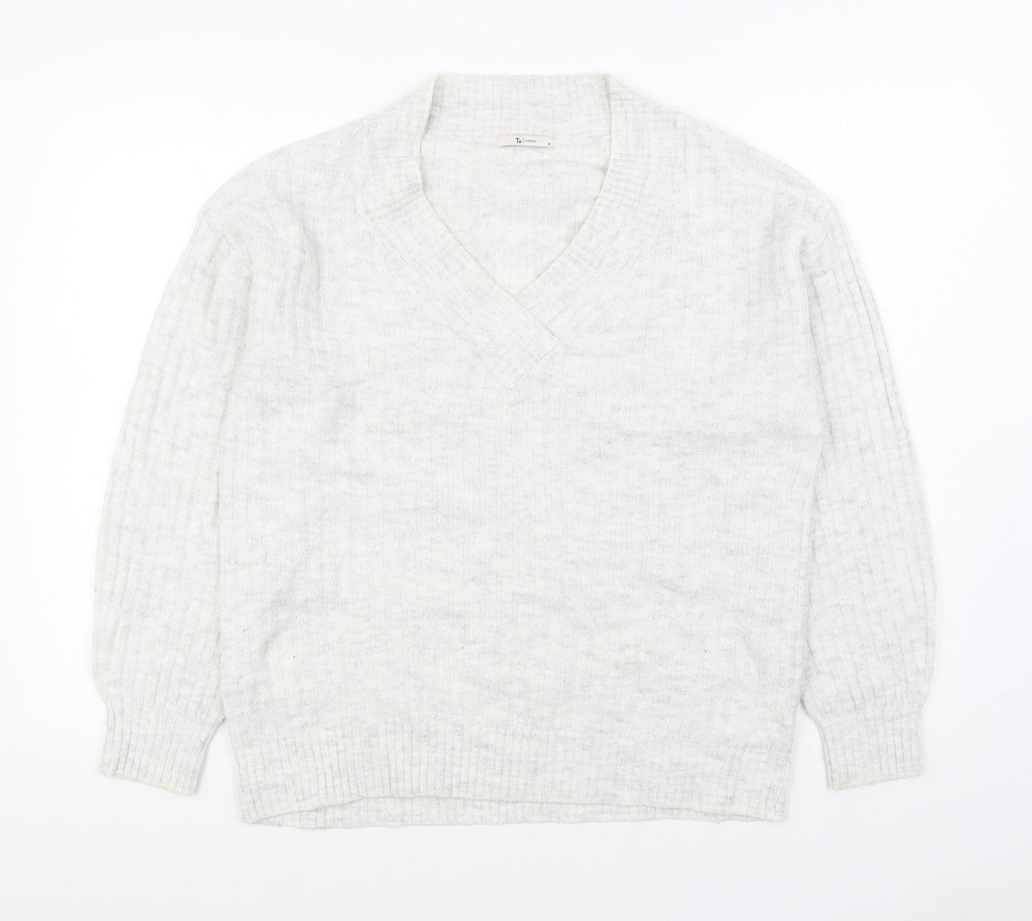 TU Womens White V-Neck Acrylic Pullover Jumper Size 10