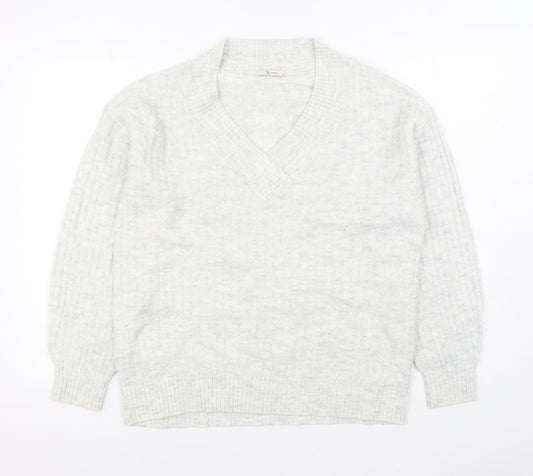 TU Womens White V-Neck Acrylic Pullover Jumper Size 10