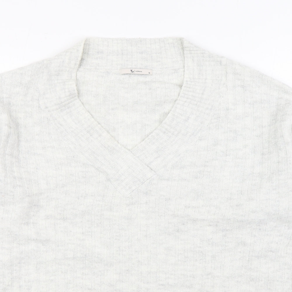 TU Womens White V-Neck Acrylic Pullover Jumper Size 10