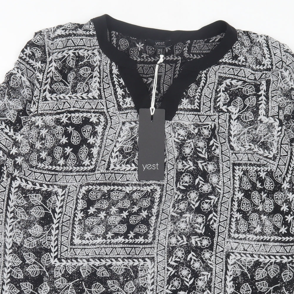 Yest Womens Black Geometric Polyester A-Line Size 10 V-Neck Pullover