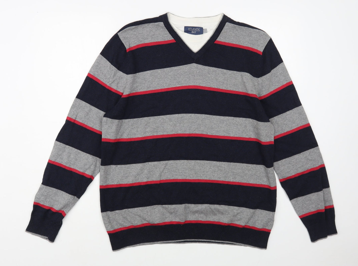 Atlantic Bay Mens Grey V-Neck Striped Cotton Pullover Jumper Size L