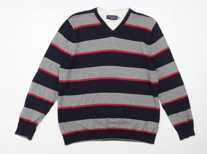 Atlantic Bay Mens Grey V-Neck Striped Cotton Pullover Jumper Size L