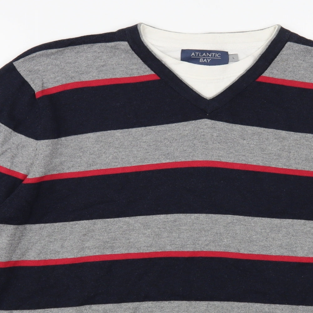 Atlantic Bay Mens Grey V-Neck Striped Cotton Pullover Jumper Size L