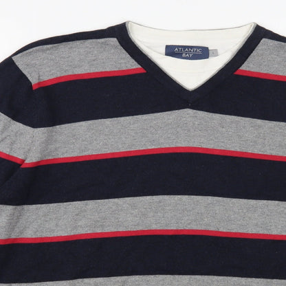 Atlantic Bay Mens Grey V-Neck Striped Cotton Pullover Jumper Size L