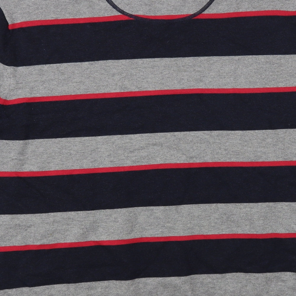 Atlantic Bay Mens Grey V-Neck Striped Cotton Pullover Jumper Size L