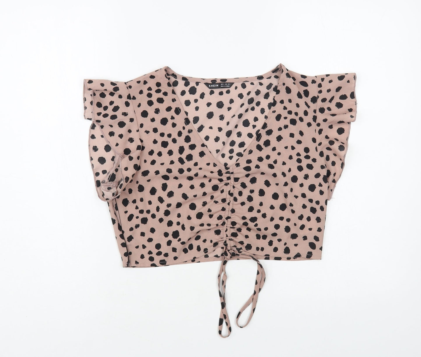 SheIn Womens Pink Animal Print Polyester Cropped Blouse Size S V-Neck