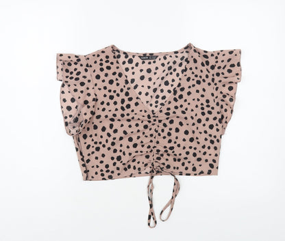 SheIn Womens Pink Animal Print Polyester Cropped Blouse Size S V-Neck