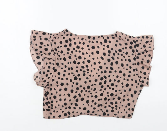 SheIn Womens Pink Animal Print Polyester Cropped Blouse Size S V-Neck