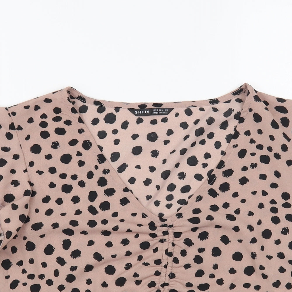 SheIn Womens Pink Animal Print Polyester Cropped Blouse Size S V-Neck