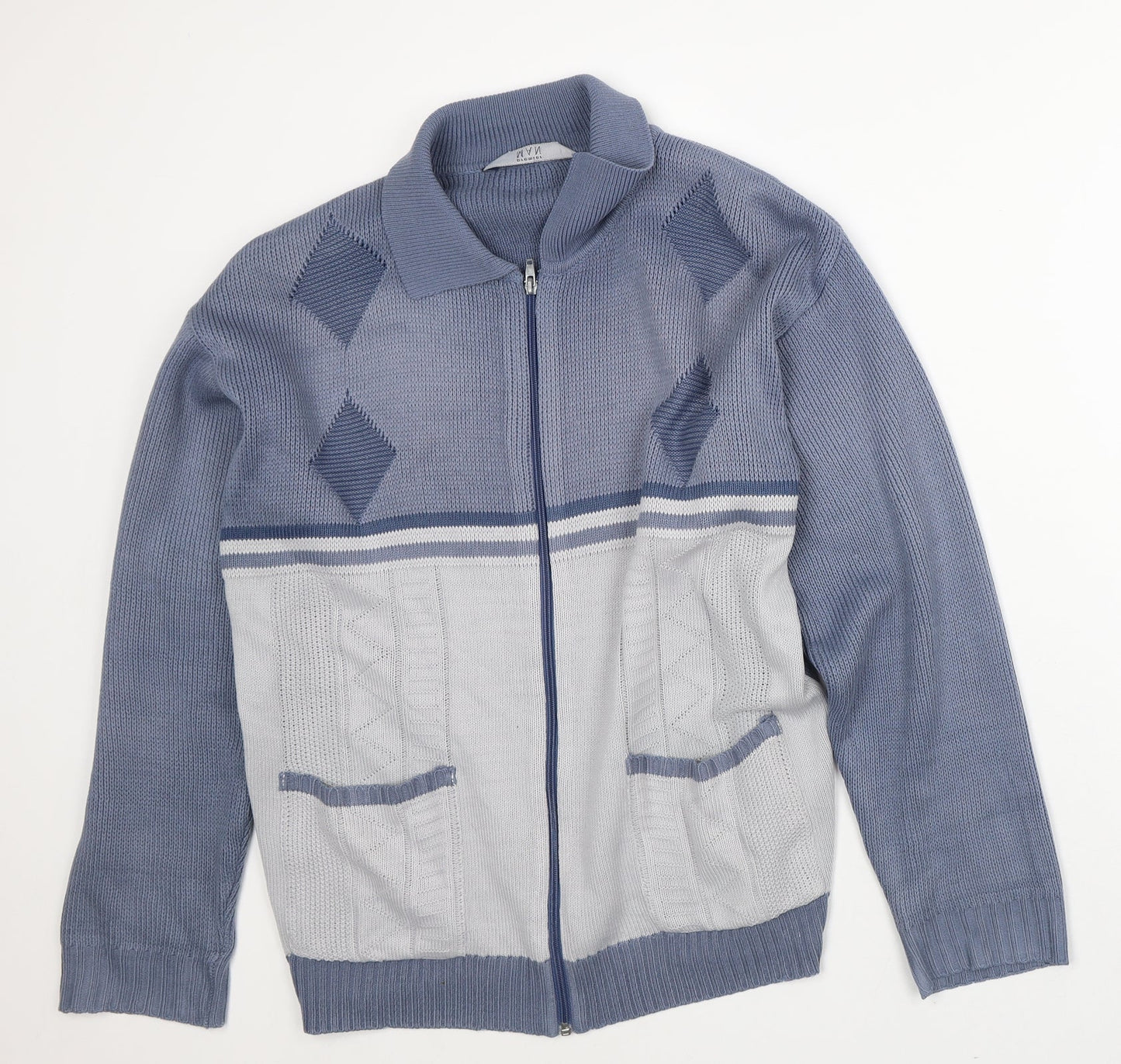 Premier Mens Blue Collared Striped Acrylic Full Zip Jumper Size M