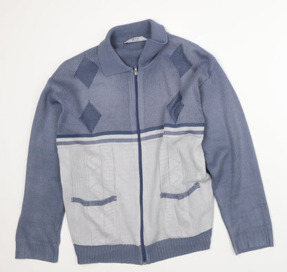 Premier Mens Blue Collared Striped Acrylic Full Zip Jumper Size M