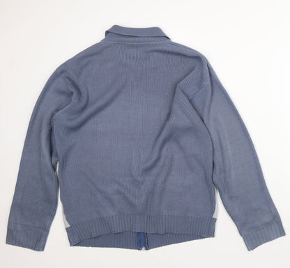 Premier Mens Blue Collared Striped Acrylic Full Zip Jumper Size M