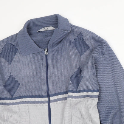 Premier Mens Blue Collared Striped Acrylic Full Zip Jumper Size M