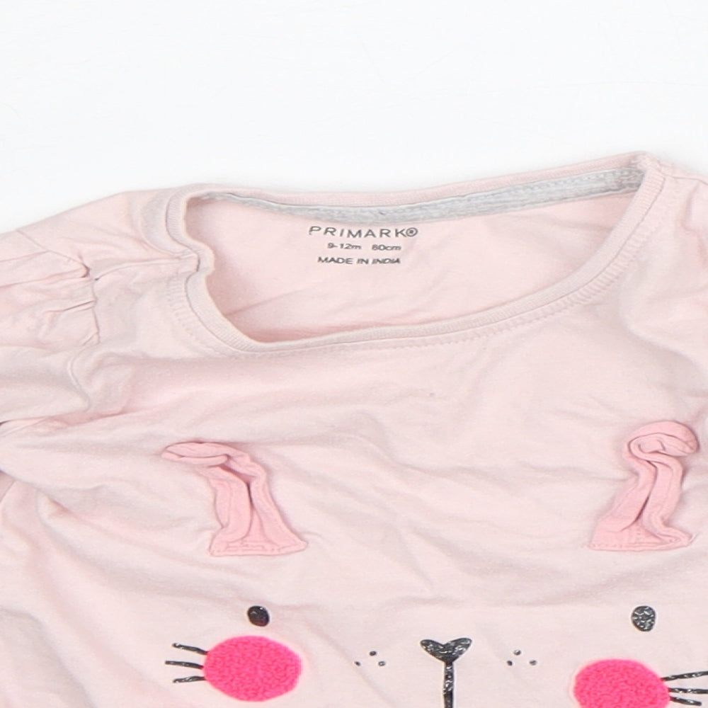 Primark Girls Pink Cotton Basic T-Shirt Size 9-12 Months Crew Neck - Bunny