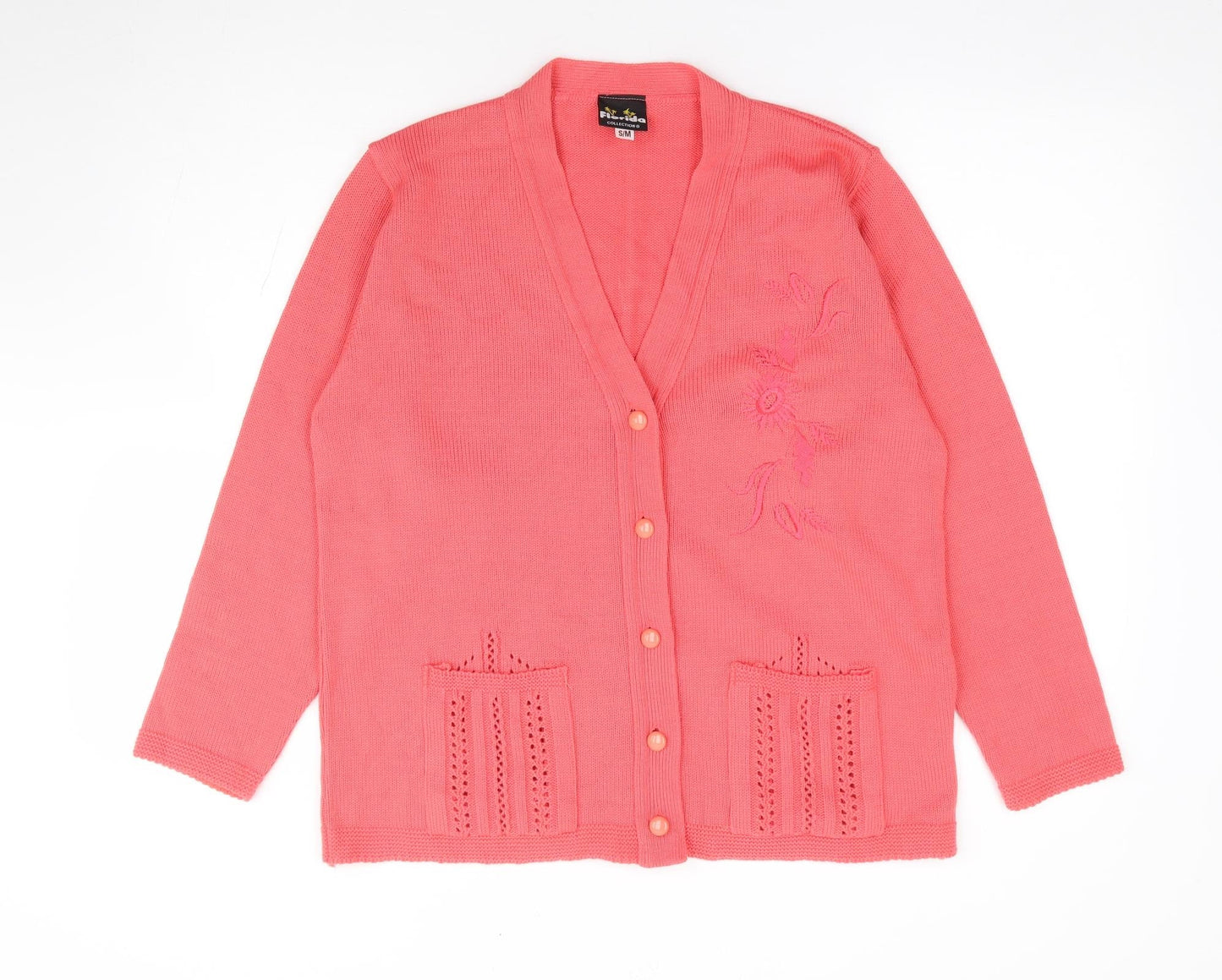 Florida Collection Womens Pink V-Neck Floral Acrylic Cardigan Jumper Size S