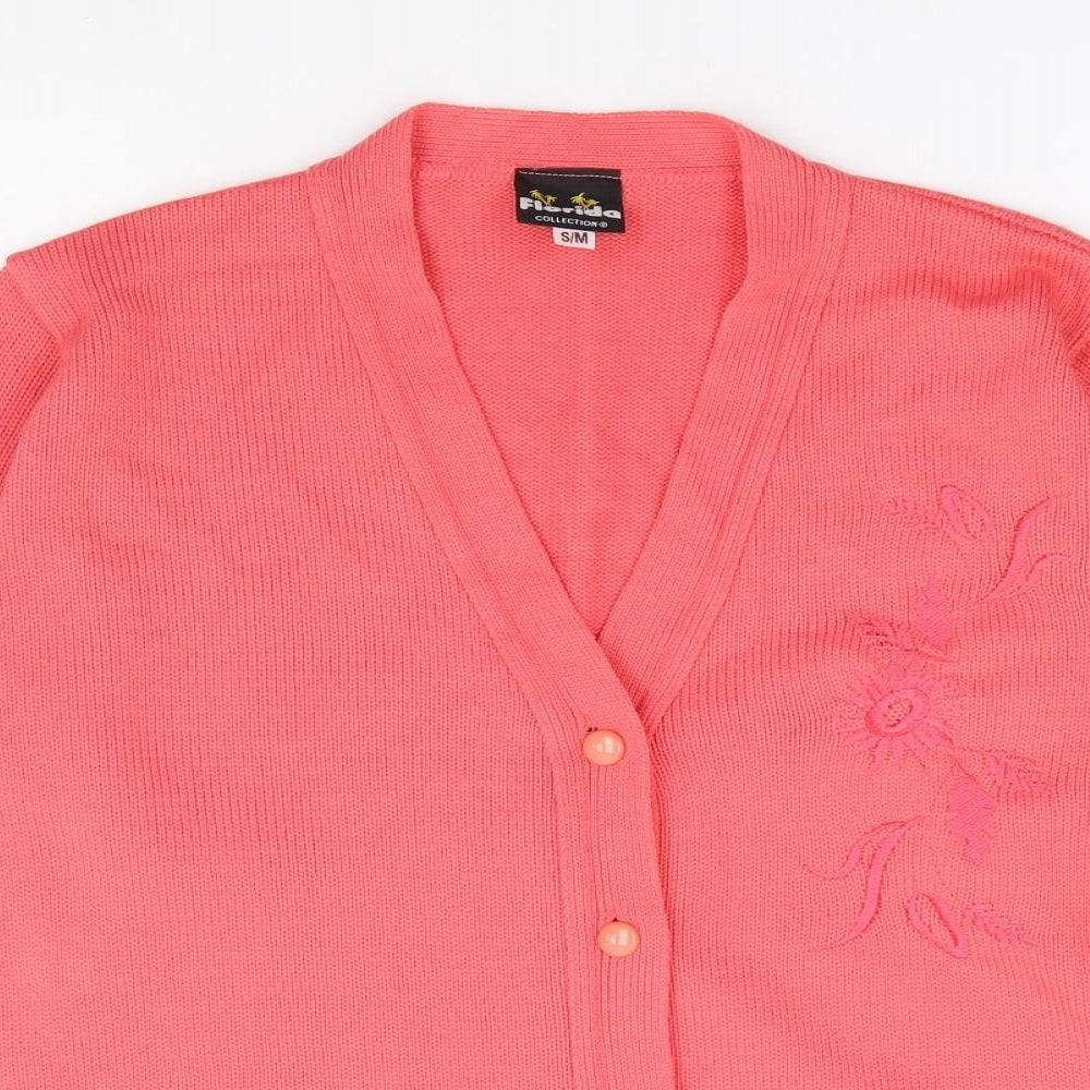Florida Collection Womens Pink V-Neck Floral Acrylic Cardigan Jumper Size S