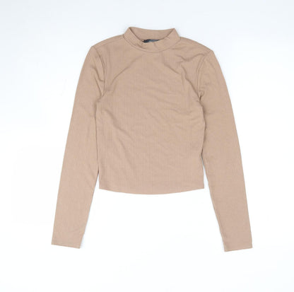 Primark Womens Beige Polyester Jersey T-Shirt Size 2XS Mock Neck - Ribbed