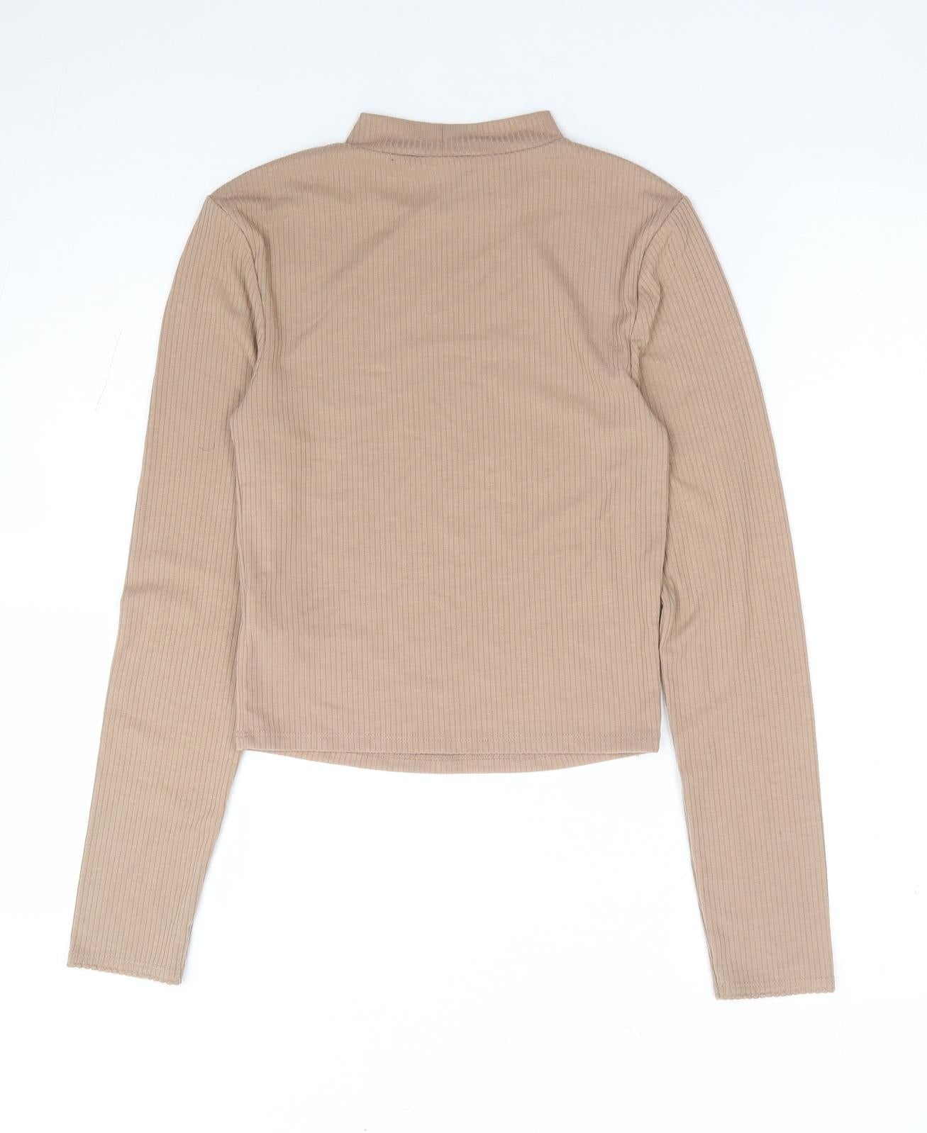 Primark Womens Beige Polyester Jersey T-Shirt Size 2XS Mock Neck - Ribbed