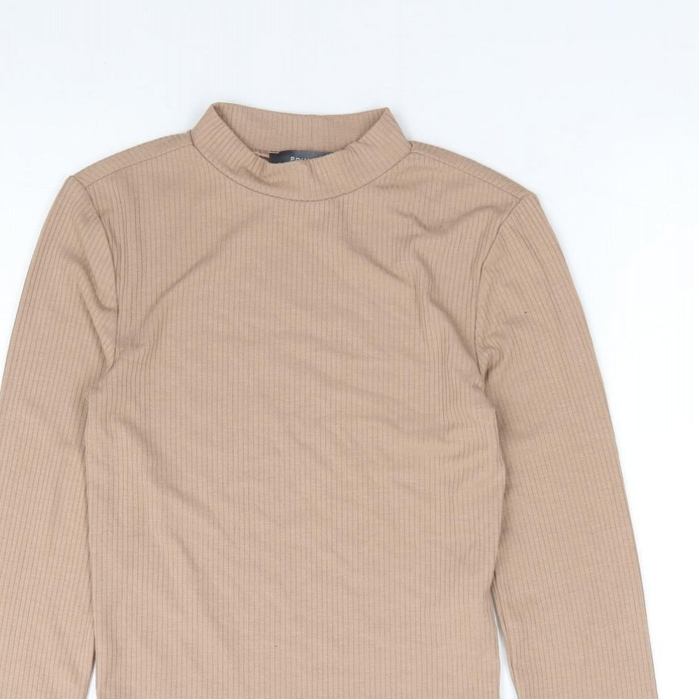 Primark Womens Beige Polyester Jersey T-Shirt Size 2XS Mock Neck - Ribbed