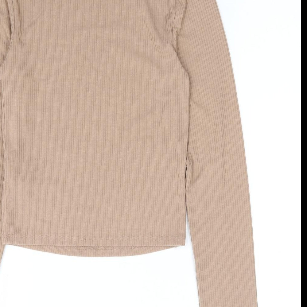 Primark Womens Beige Polyester Jersey T-Shirt Size 2XS Mock Neck - Ribbed