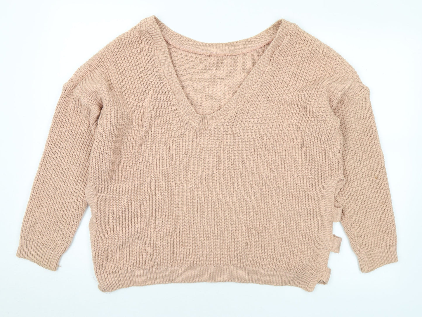 Boohoo Womens Beige V-Neck Cotton Pullover Jumper Size S - S/M