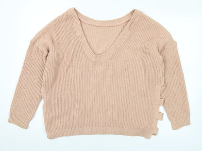 Boohoo Womens Beige V-Neck Cotton Pullover Jumper Size S - S/M