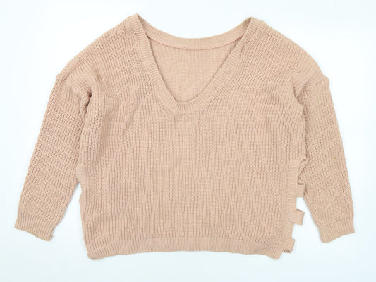 Boohoo Womens Beige V-Neck Cotton Pullover Jumper Size S - S/M
