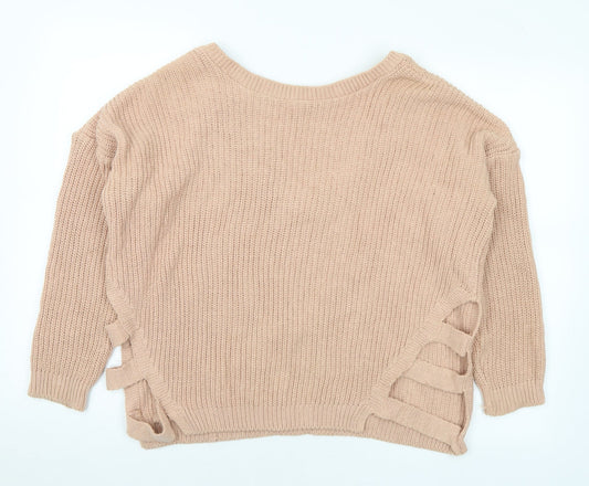 Boohoo Womens Beige V-Neck Cotton Pullover Jumper Size S - S/M