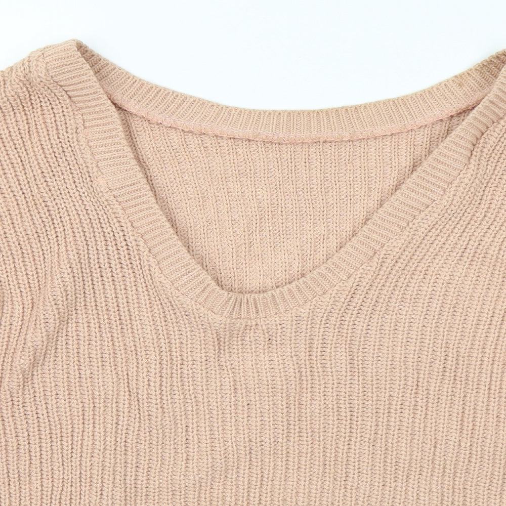 Boohoo Womens Beige V-Neck Cotton Pullover Jumper Size S - S/M