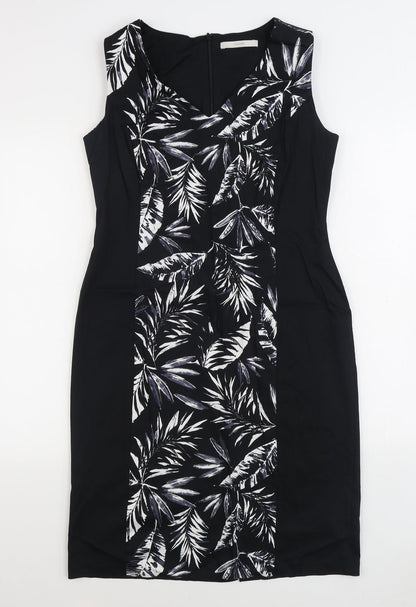 George Womens Black Floral Cotton Sheath Size 14 V-Neck Zip