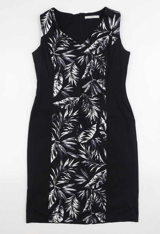 George Womens Black Floral Cotton Sheath Size 14 V-Neck Zip