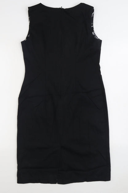 George Womens Black Floral Cotton Sheath Size 14 V-Neck Zip