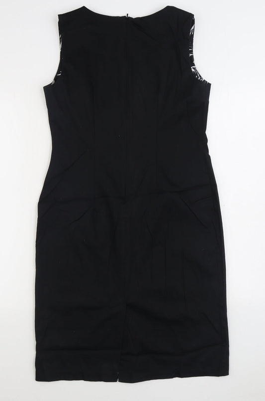 George Womens Black Floral Cotton Sheath Size 14 V-Neck Zip