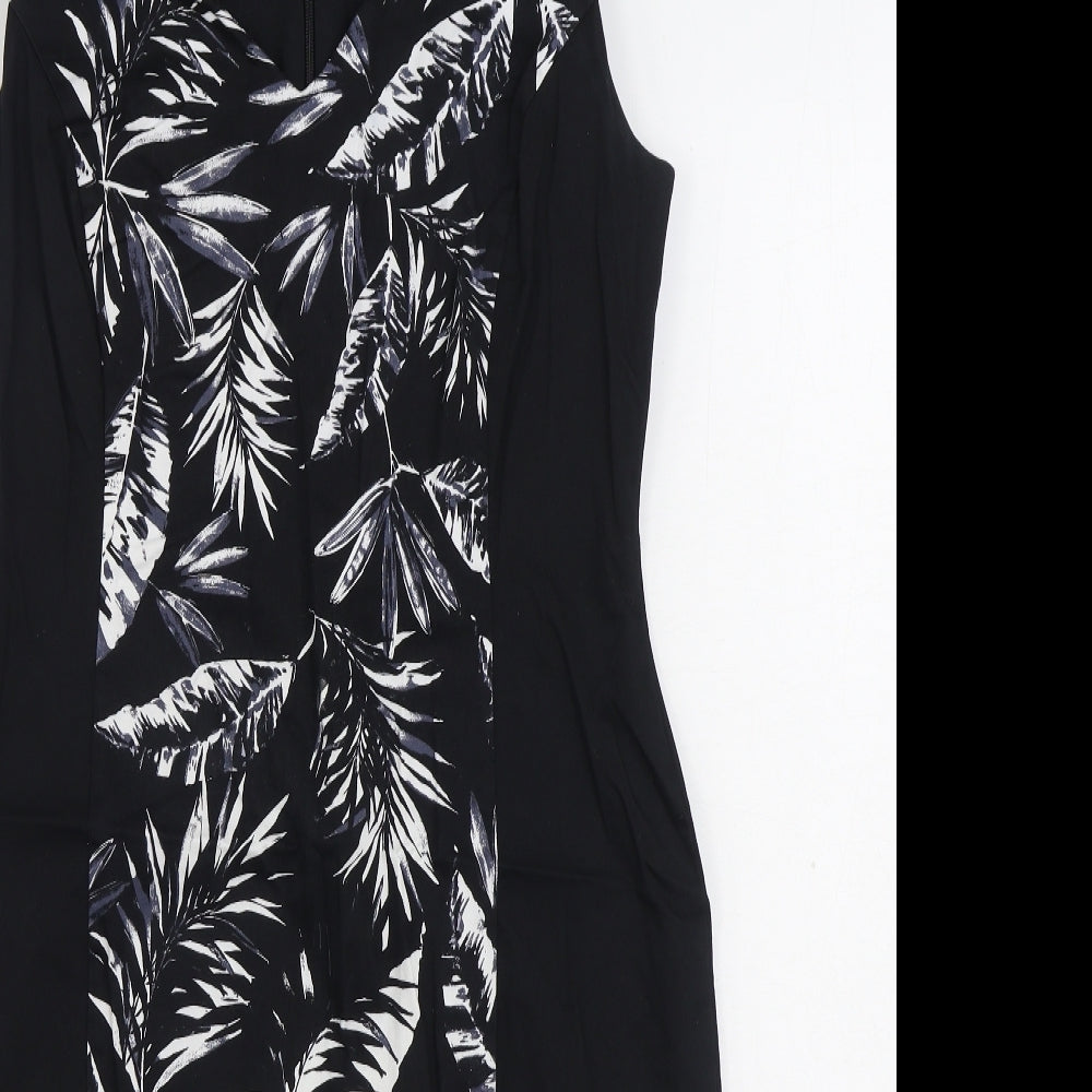 George Womens Black Floral Cotton Sheath Size 14 V-Neck Zip