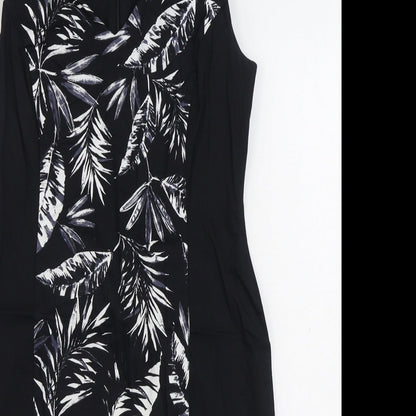 George Womens Black Floral Cotton Sheath Size 14 V-Neck Zip