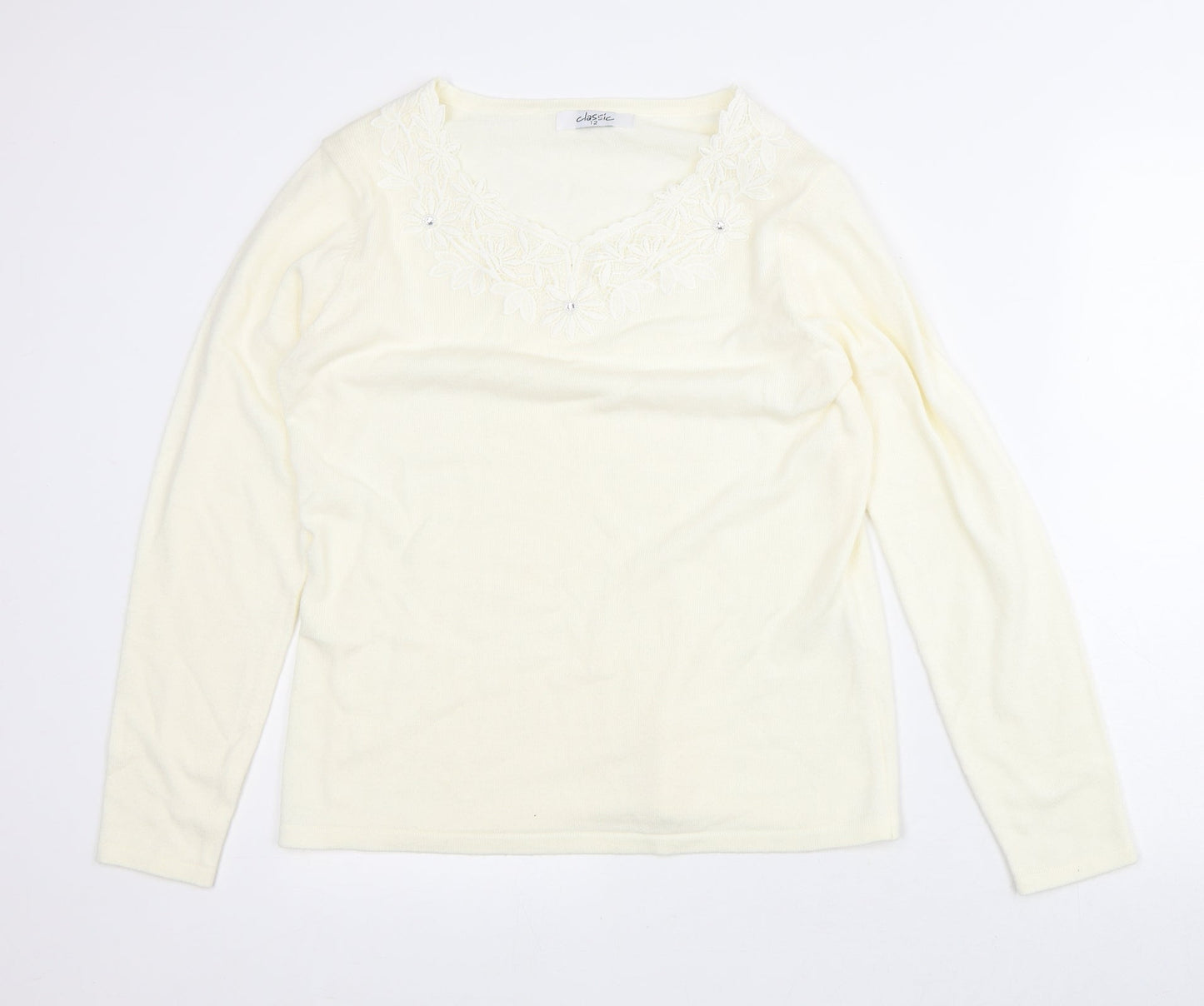 Classic Womens Beige Floral Acrylic Pullover Sweatshirt Size 12