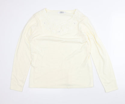 Classic Womens Beige Floral Acrylic Pullover Sweatshirt Size 12
