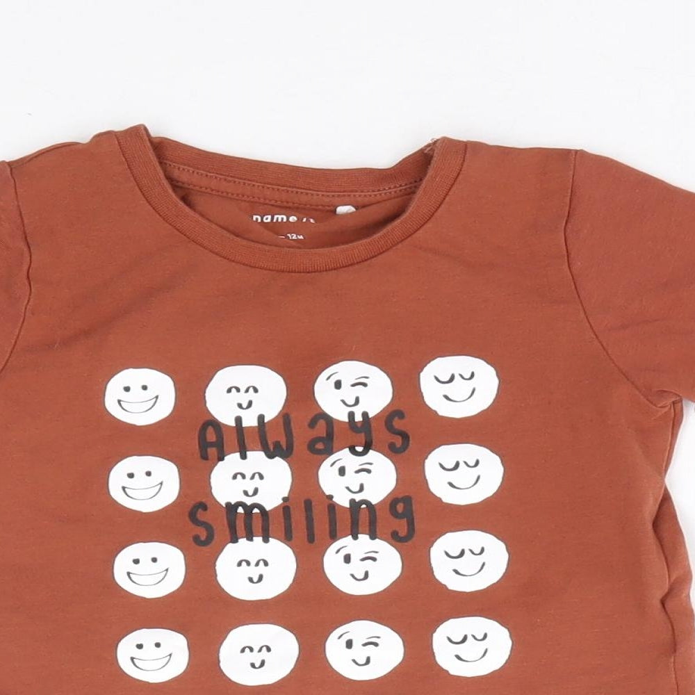 name it Boys Brown Cotton Cropped T-Shirt Size 9-12 Months Crew Neck Pullover - Smile