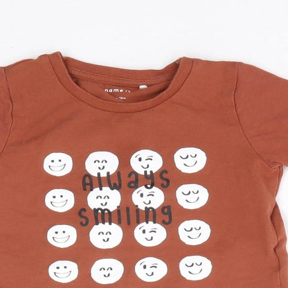 name it Boys Brown Cotton Cropped T-Shirt Size 9-12 Months Crew Neck Pullover - Smile