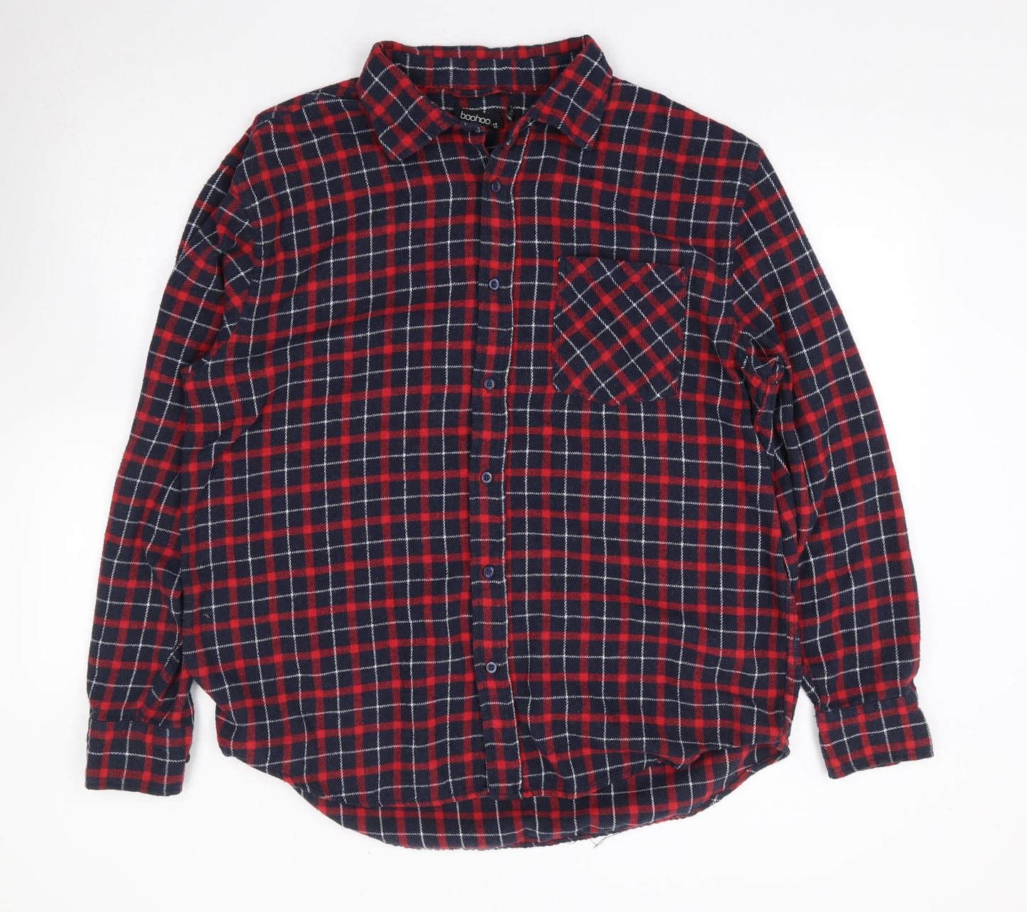 Boohoo Womens Red Plaid Cotton Jersey Button-Up Size 14 Collared