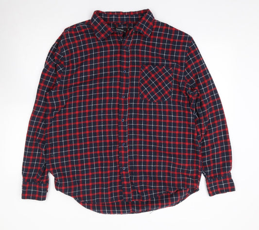 Boohoo Womens Red Plaid Cotton Jersey Button-Up Size 14 Collared