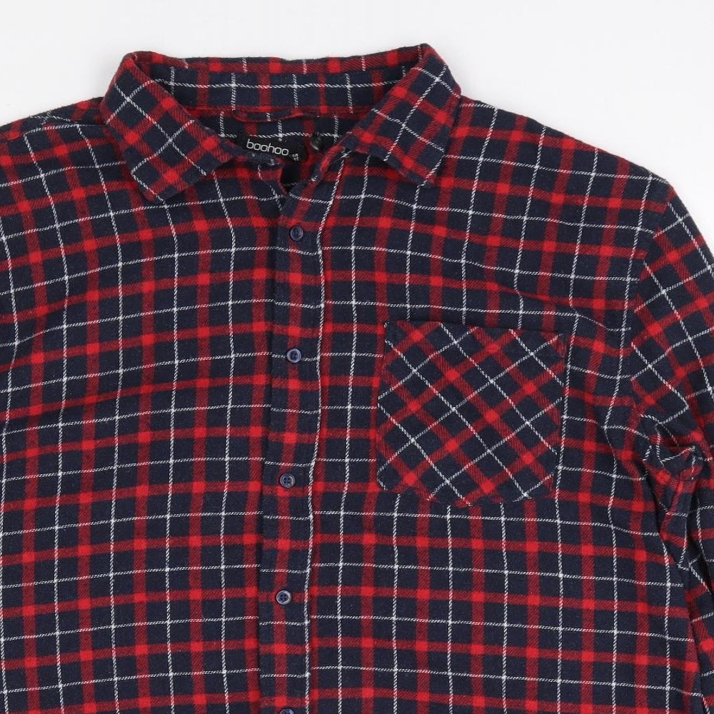 Boohoo Womens Red Plaid Cotton Jersey Button-Up Size 14 Collared