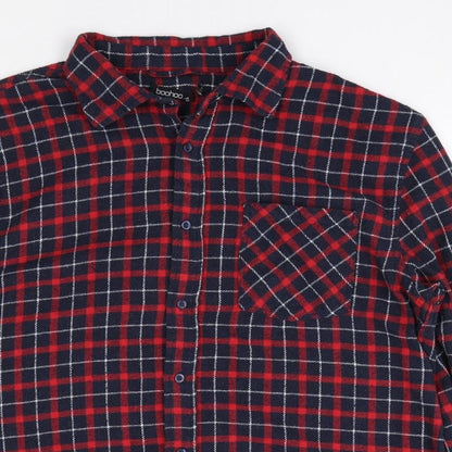 Boohoo Womens Red Plaid Cotton Jersey Button-Up Size 14 Collared