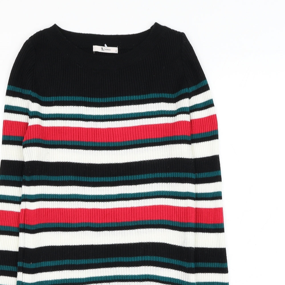 TU Womens Black Round Neck Striped Acrylic Pullover Jumper Size 8