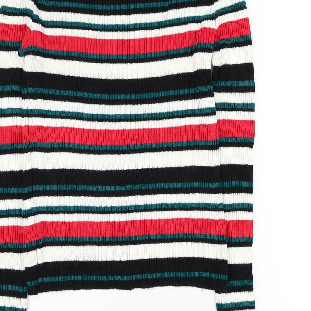 TU Womens Black Round Neck Striped Acrylic Pullover Jumper Size 8