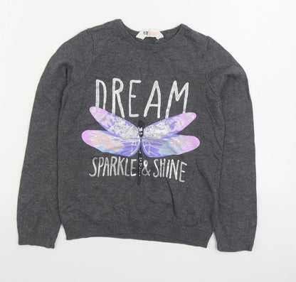 H&M Girls Grey Round Neck 100% Cotton Pullover Jumper Size 9-10 Years Pullover